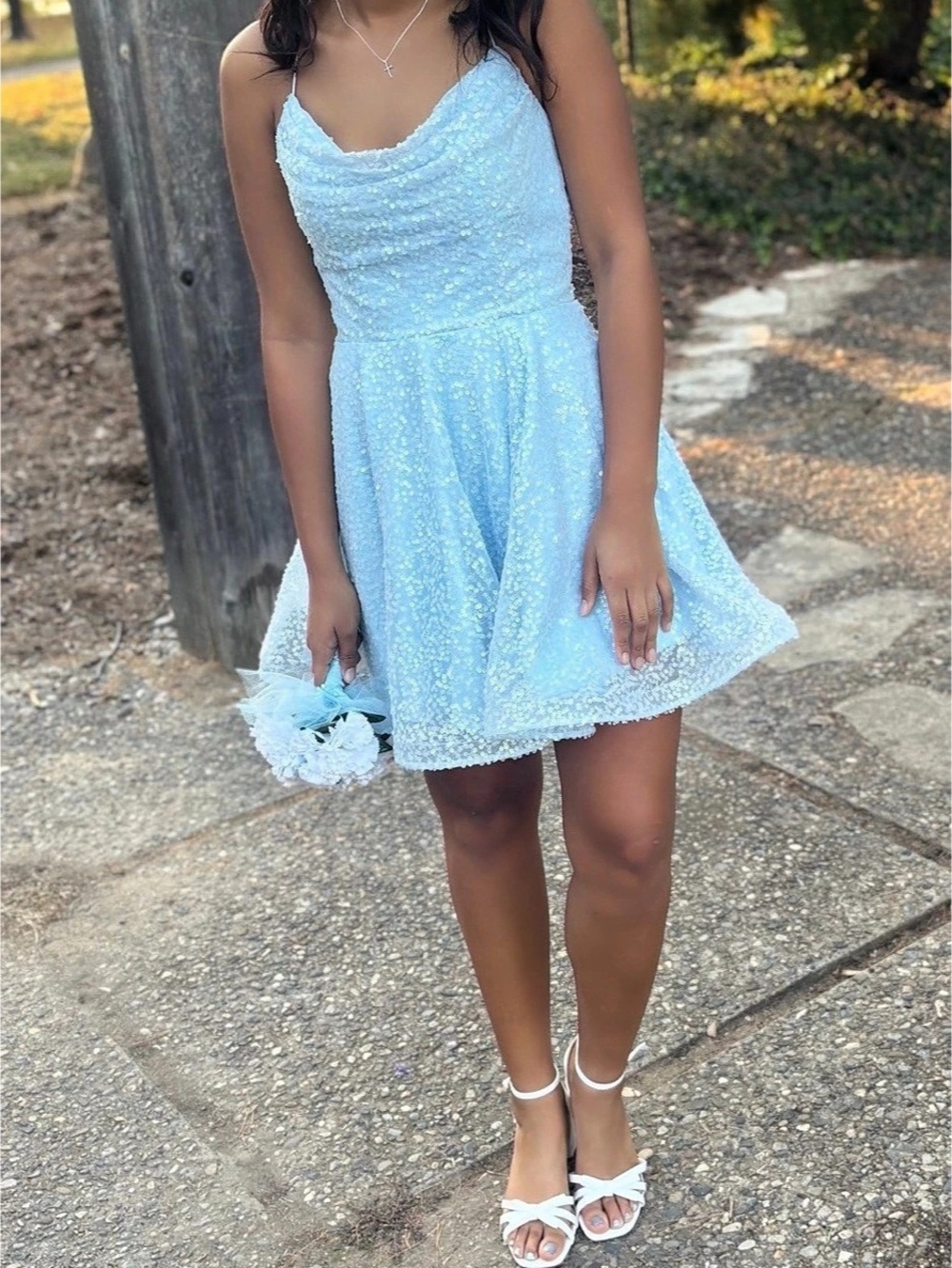 Lulus Unreal Sparkle Light Blue Lace-Up Cowl Back Mini Bodycon Dress